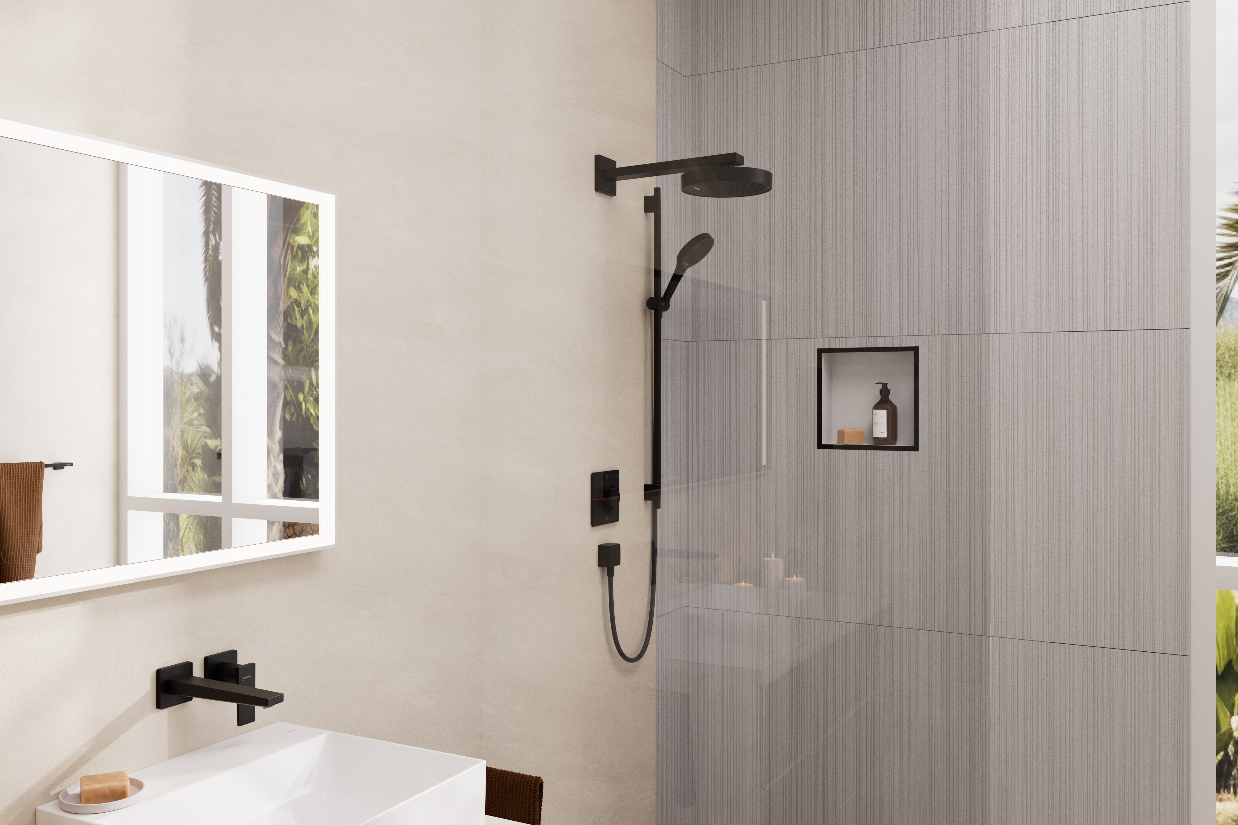 Close-up: Shower set 130 3jet with shower bar S Puro 90 cm  push slider and Designflex textile shower hose 160 cm