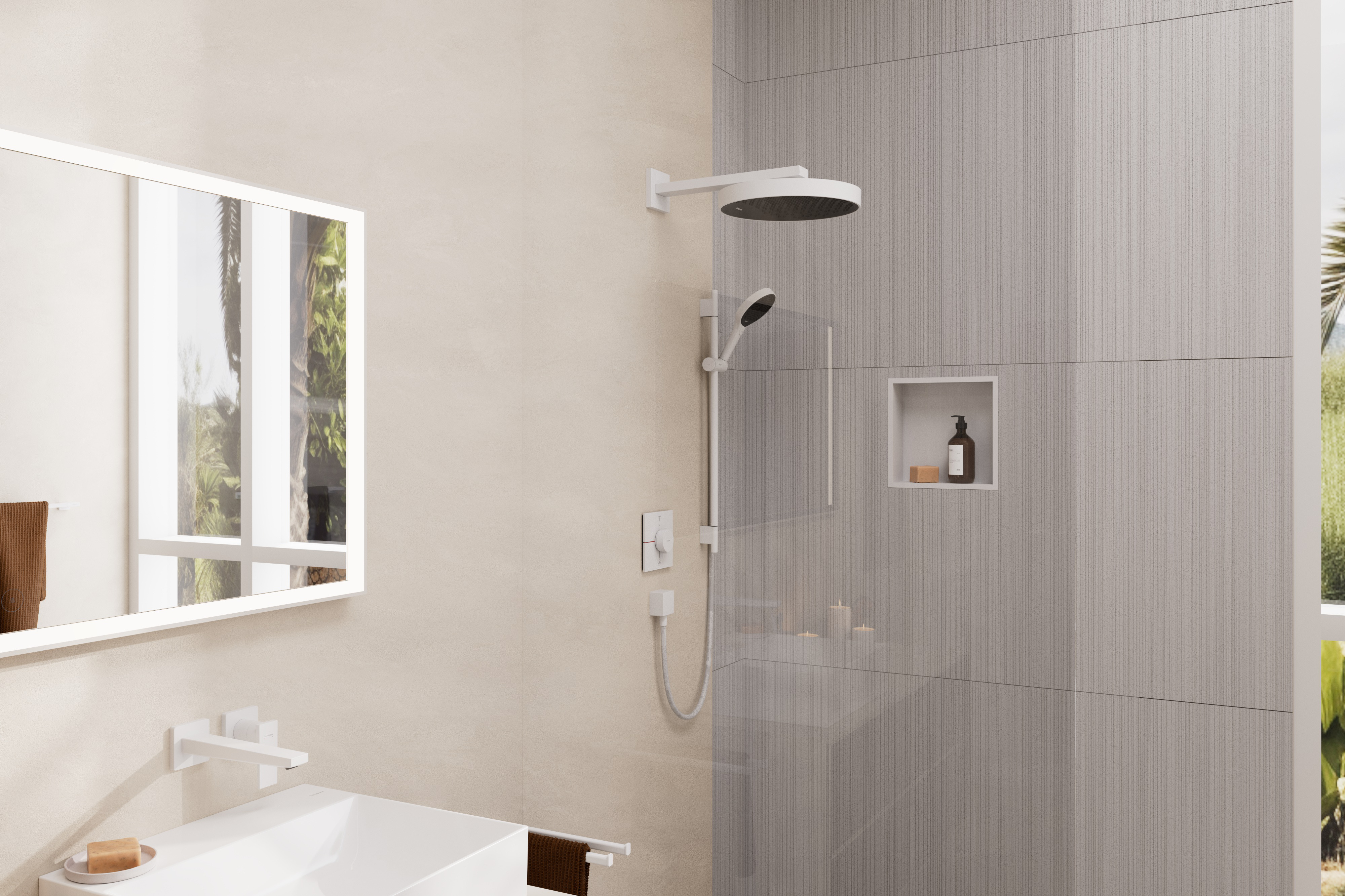 Close-up: Single lever basin mixer for concealed installation wall-mounted with lever handle and spout 22 5 cm
