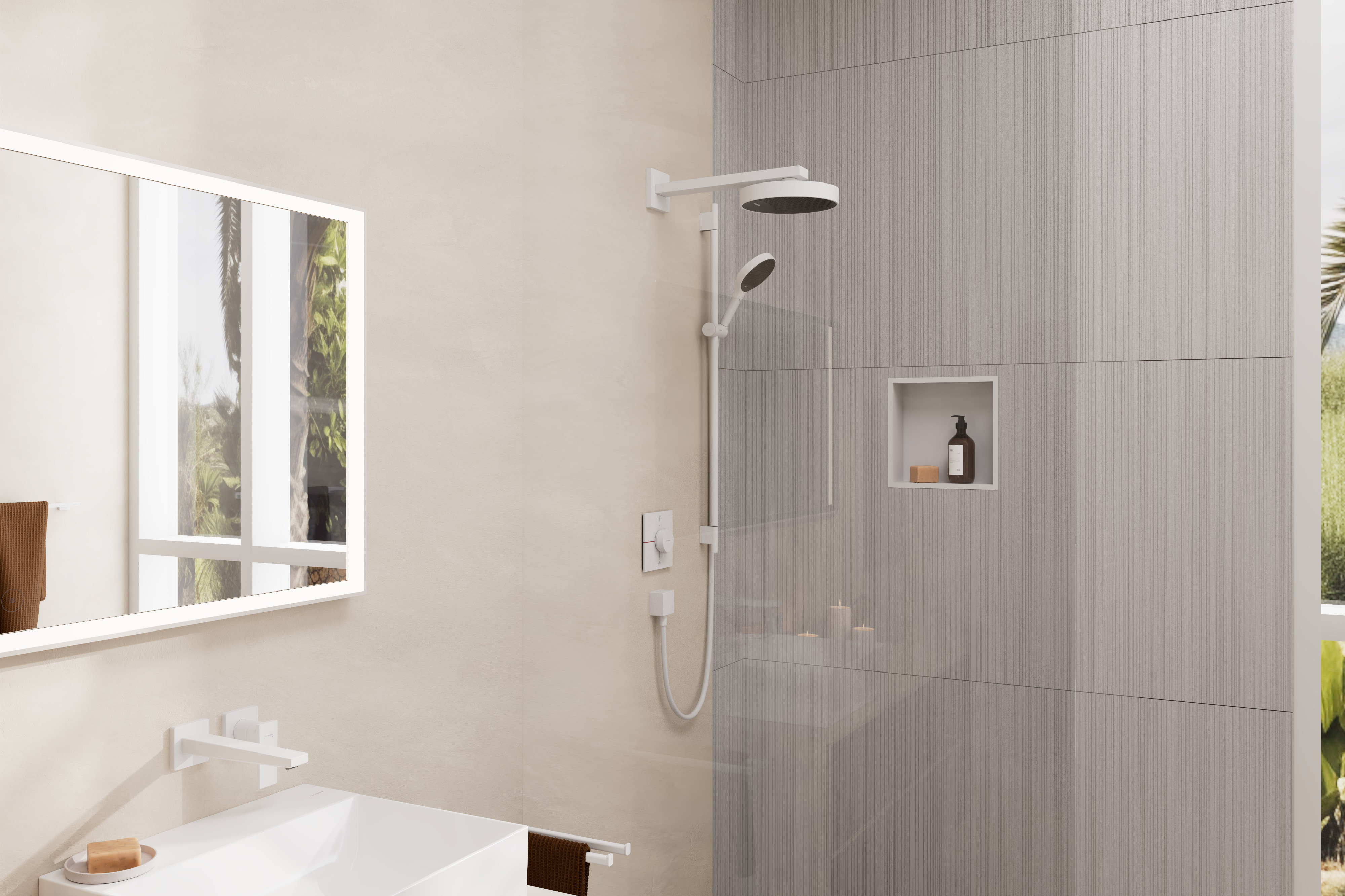 Close-up: Single lever basin mixer for concealed installation wall-mounted with lever handle and spout 22 5 cm