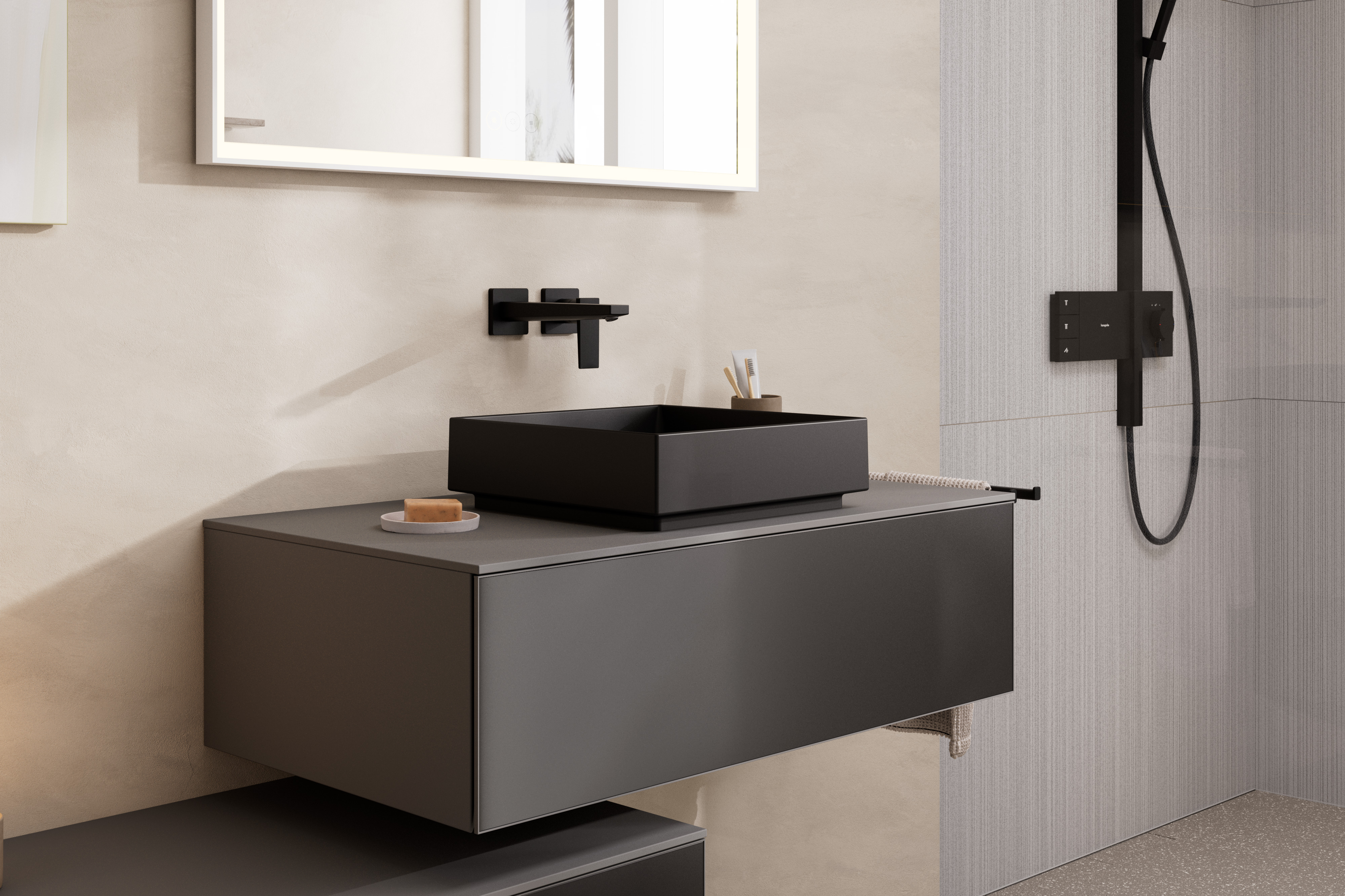 Close-up: Single lever basin mixer for concealed installation wall-mounted with lever handle and spout 22 5 cm