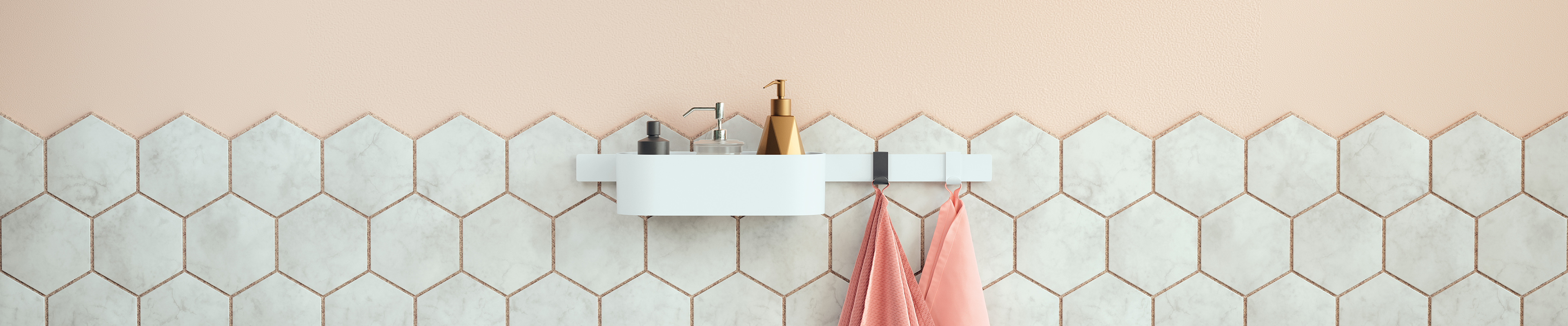 Bathroom tiles with modern hansgrohe WallStoris accessories.
